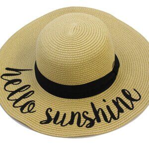 “Hello Sunshine” Straw Sunhat Black Tan Beach Vacation Travel